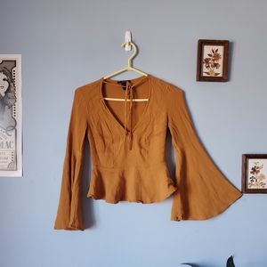 Forever 21 flare sleeve mustard color peplum blouse